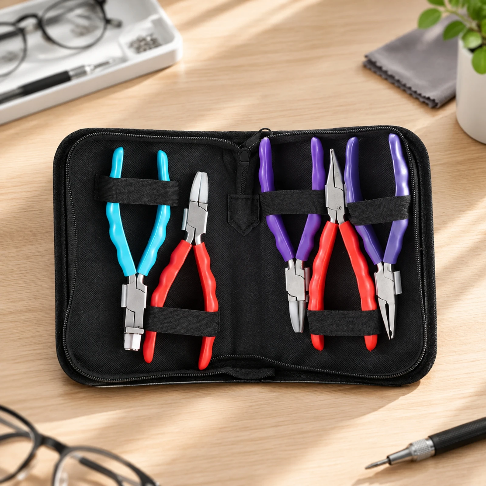 6 Pieces Eyeglass Repair Plier with Carrying Case Non-Slip Eyeglass Repair Plier Optical Pliers One-Handed Use for Opticians
