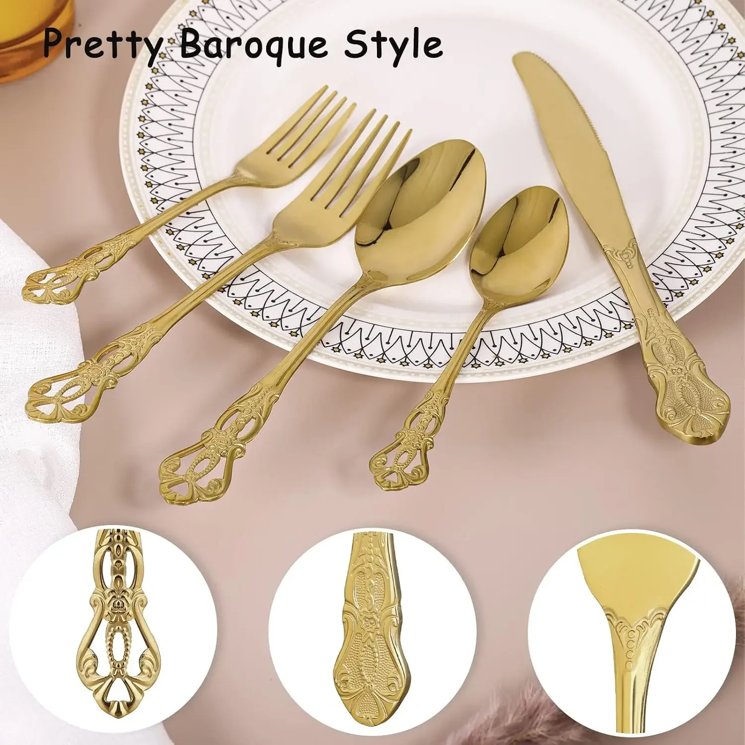 40-Piece Gold Silverware Set for 8, Stainless Steel Retro Flatware, Mirror Finish, Dishwasher Safe view 5