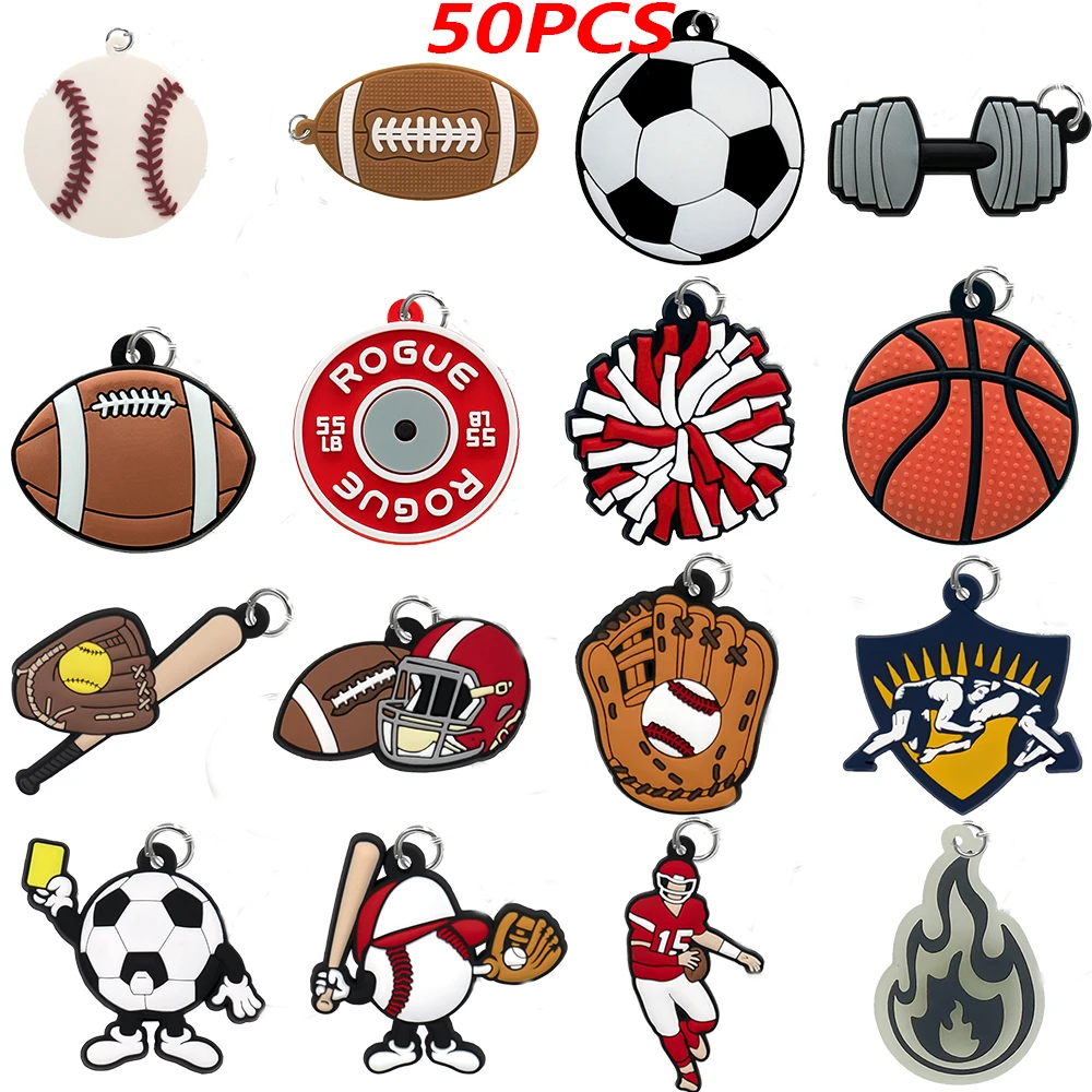 50PCS Cool Sports Keychain for Men Boys Basketball Football Dumbbell Pads Keyring Car Key Accessories Friends Key Pendant Gifts