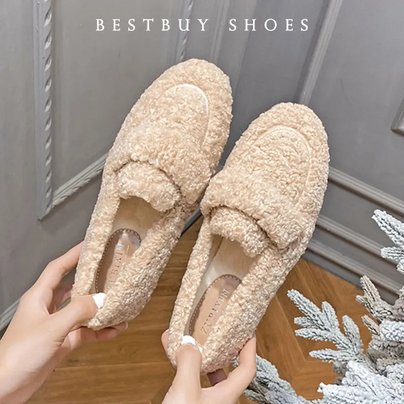

Size 33-43 Women Winter Shearling Flats Furry Lambswool Mocasines Mujer Warm Cotton Shoes Ladies Slip On Sheep Fur Lined Loafers