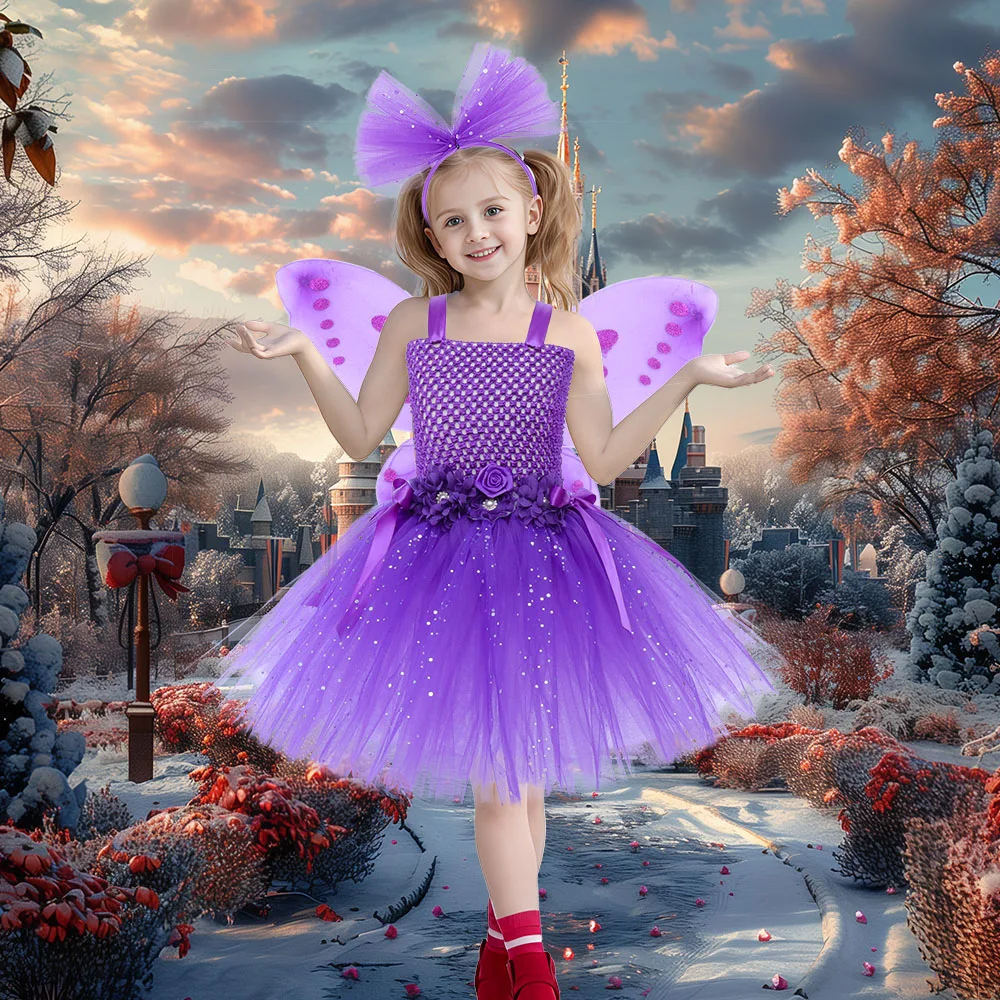 Sparkly Purple Fairy Tutu Dress with Wings Princess Magic Butterfly Dress Up Fantasy Costume Baby Kids Birthday Party Dresses