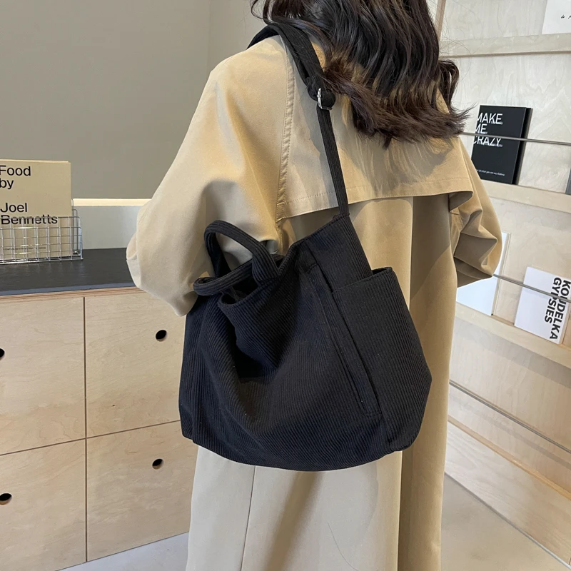 Zipper Corduroy Large Capacity Ladies Tote Bags Casual Shoulder Bags for Women 2024 Solid Color Free Shipping Bolso Mujer