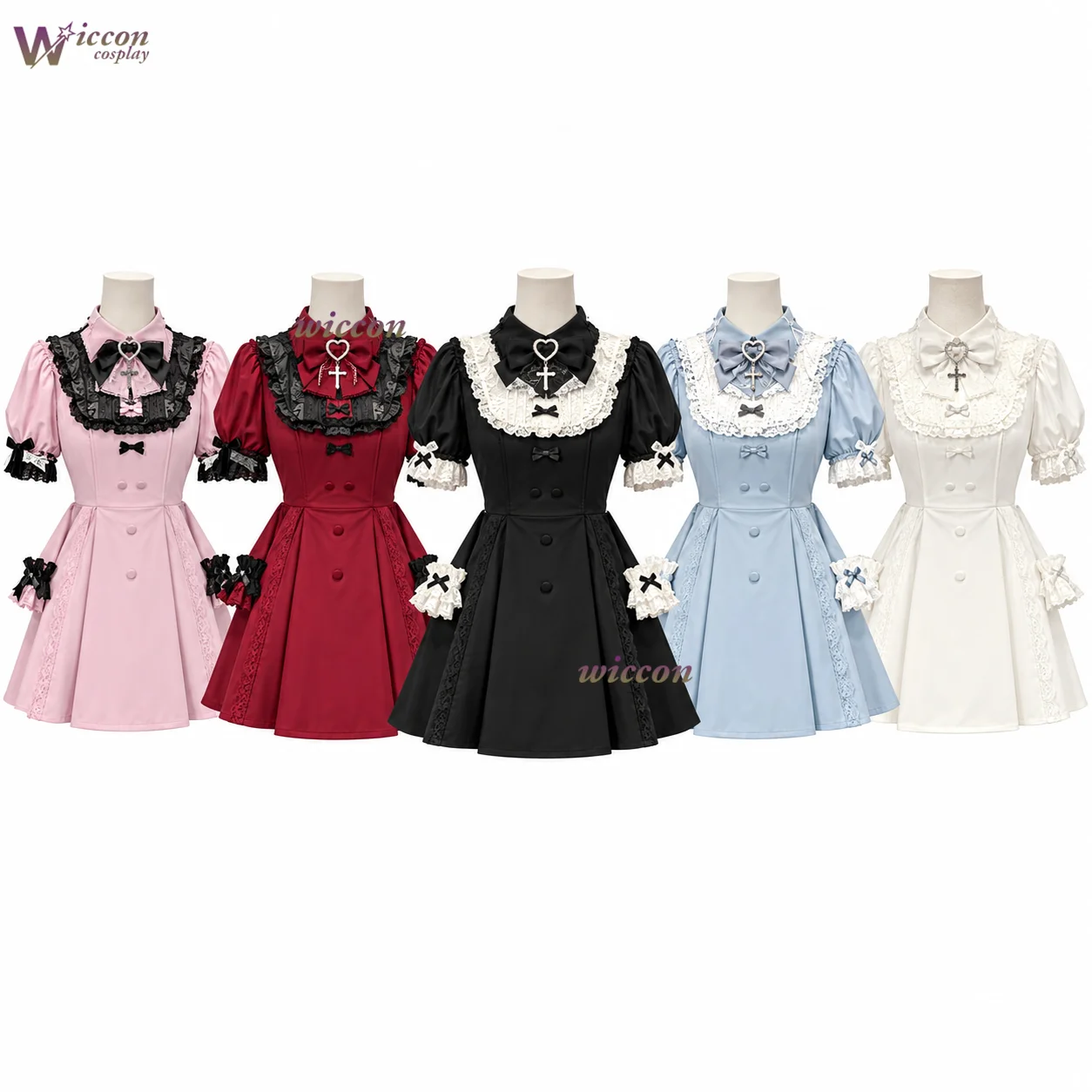 Blusa de estilo Lolita con encaje negro, mangas cortas, cintura ajustada y detalles de costuras, de la marca WonkaCos, con un toque de estilo «chica japonesa» y diseño alternativo, ideal para el día a día y para eventos como Comic Con.