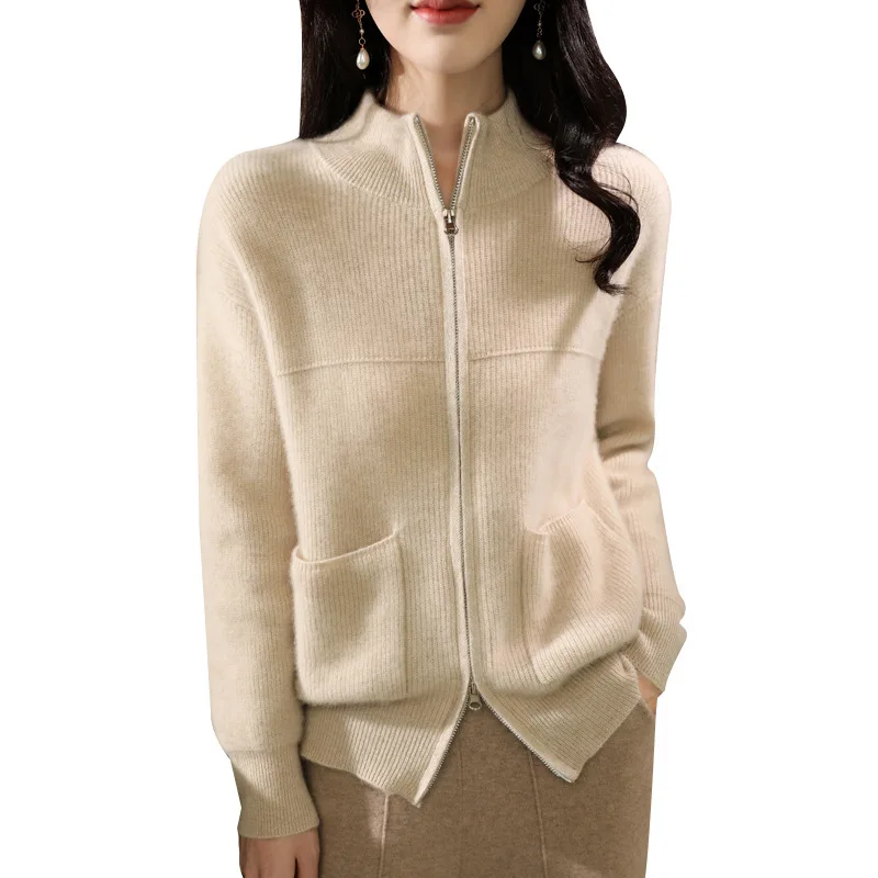 2024 Spring And Autumn New Solid Color Loose Lazy Style Slim Sweater Wool Top Double Zip Knitted Cardigan For Women