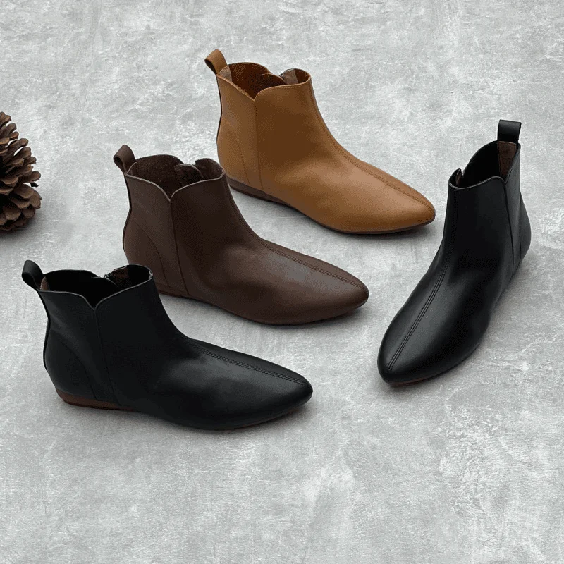 Botas curtas de couro genuíno para mulheres, sapatos retrô feitos à mão, sola macia, zíper traseiro, casual, novo, outono, inverno, 2022