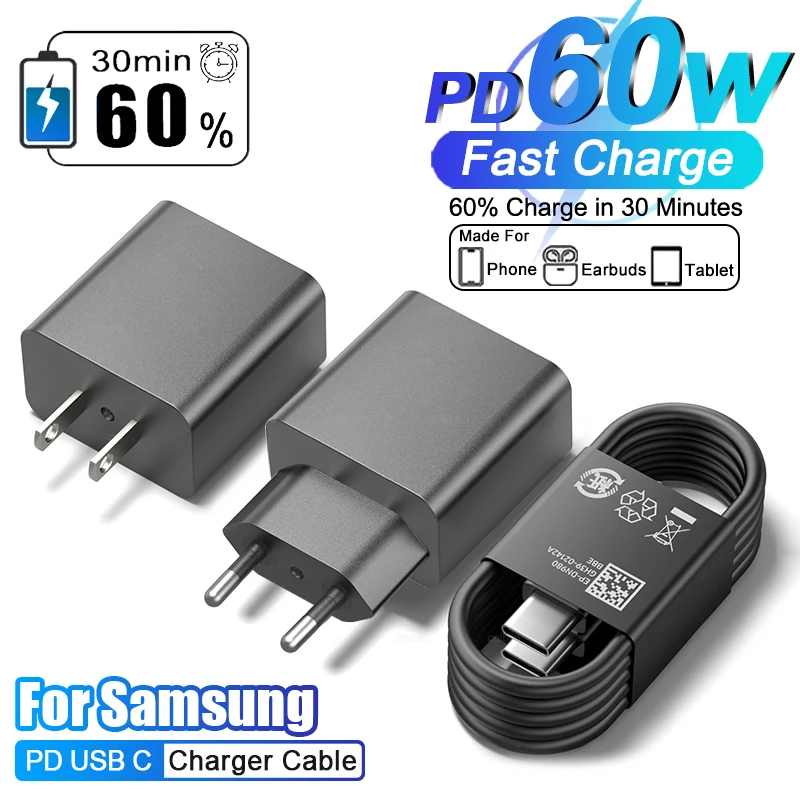 Original PD 60W Fast Charger For Samsung Galaxy S25 S24 S23 S26 Ultra A57 A56 Type C Charger Fast Charging Cable Travel Adapter