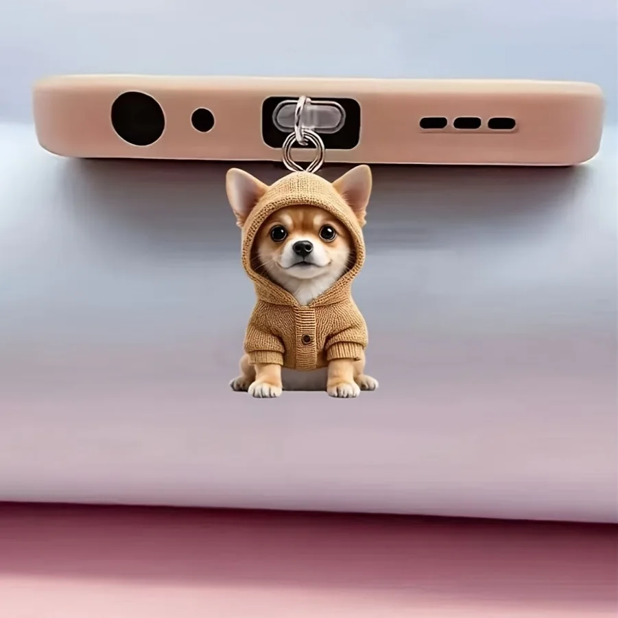 سدادة غبار للهاتف على شكل كلب لطيف يحمل قطة مسطحة ثنائية الأبعاد غطاء حماية لمنفذ الشحن Type-C لإكسسوارات ديكور آيفون - 2