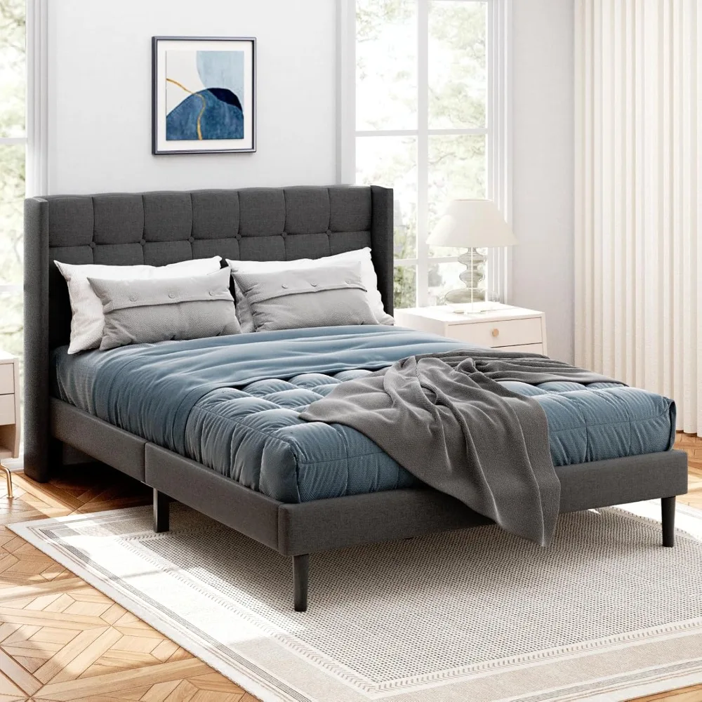 

Queen Size Bed Frame with Button Tufted Wingback Headboard, Modern Upholstered Platform Bed, Strong Wooden Slats, No Box Spring