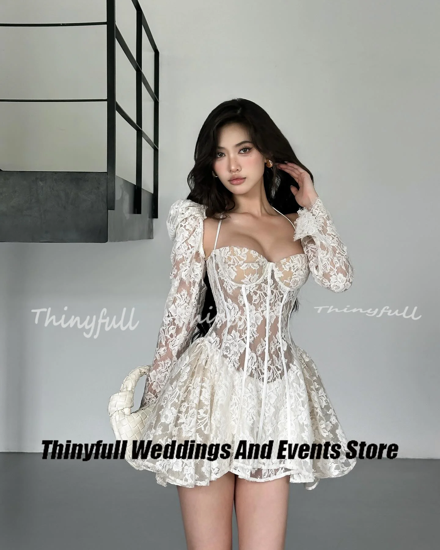 Thinyfull A-line Short Lace Prom Dresses Sweetheart Full Sleeves Evening Gown Birthday Party Dress Robe De Soirée Customized
