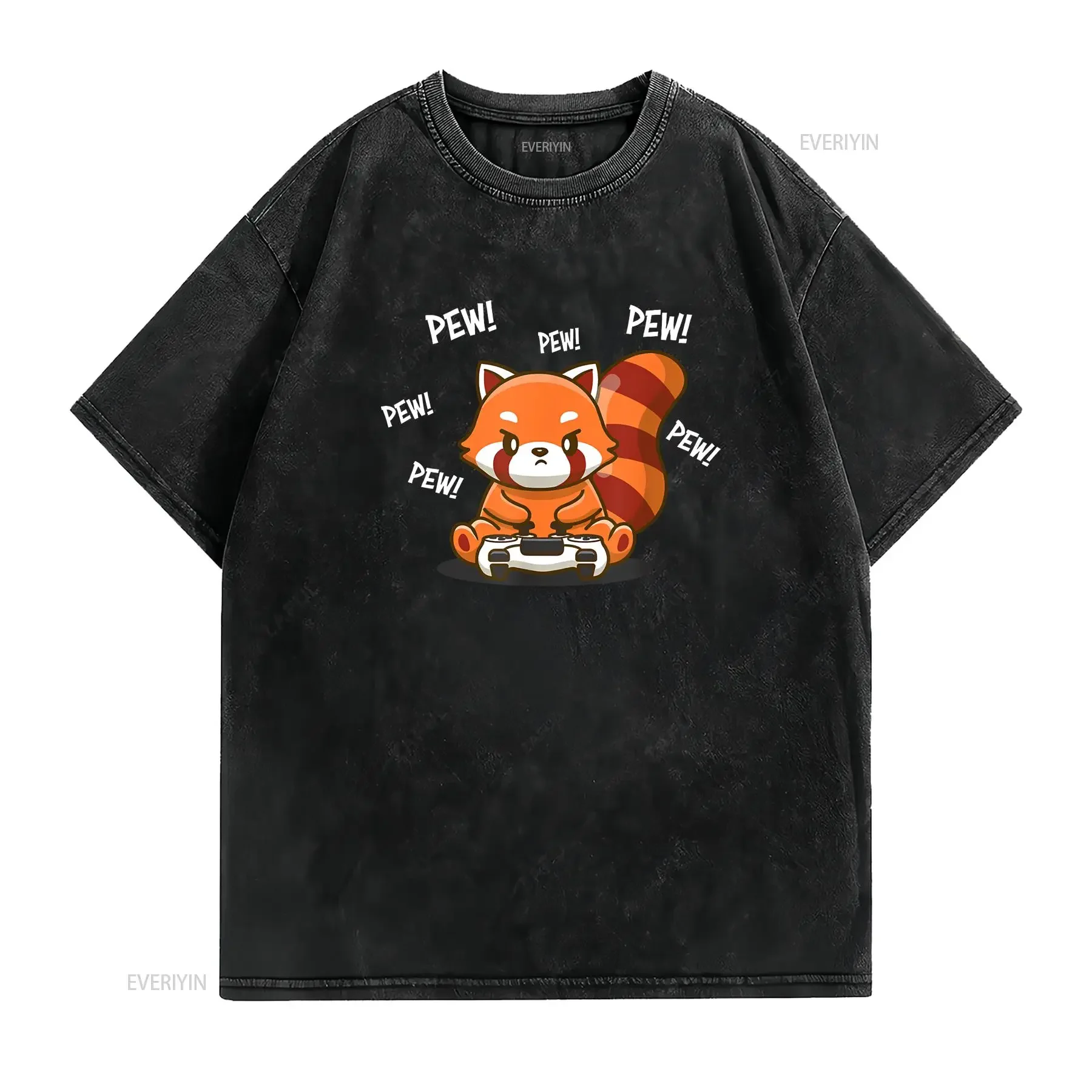 Red Panda T shirt vintage Washed Casual streetwear Stylish Comfortable homme Soft designer clothes fashion Slightly graphic