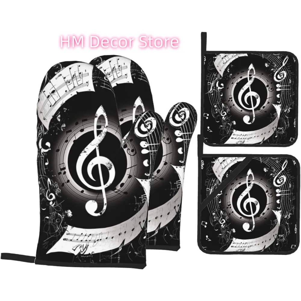 Music Note Music Oven Mitts Pot Holders Set of 4, Kitchen Gloves Potholders Heat Resistant for Chef Baking Cooking Grilling BBQ
