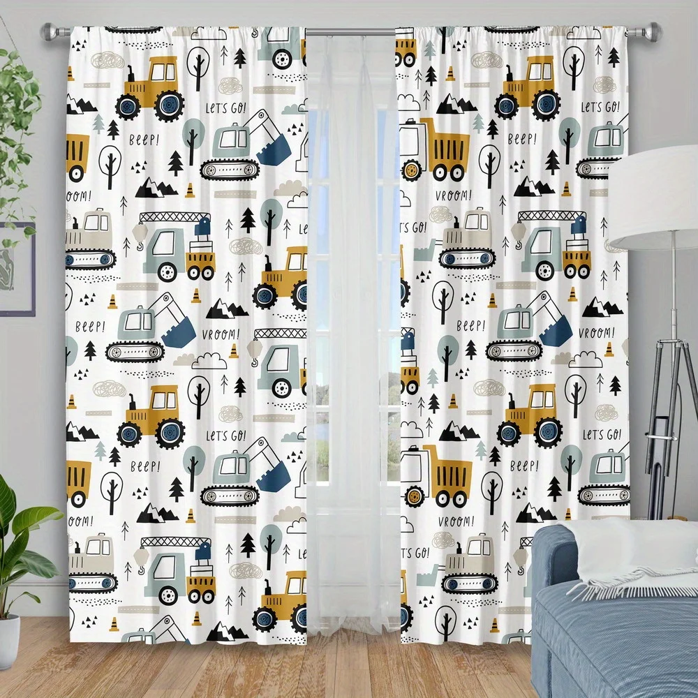 Cartoon engineering vehicle printed curtains, Christmas decorations, bedroom and living room, home decoration, room decoration