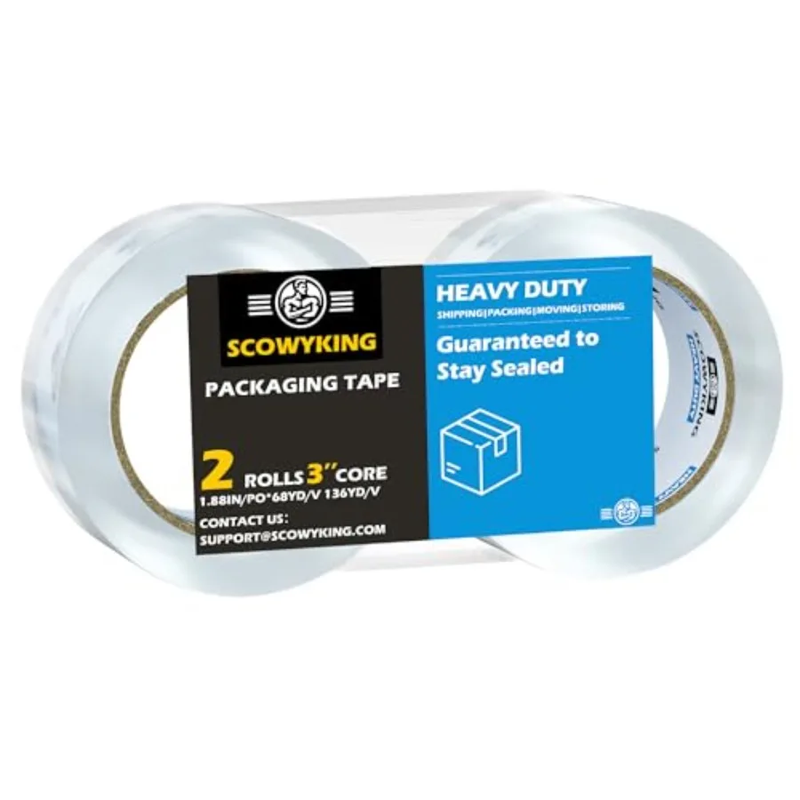 

2 рулона прозрачной упаковочной ленты 1,88 дюйма x 68 ярдов, толщина 2,7 мил - прочная лента для переезда, запечатывания коробок и упаковки - S