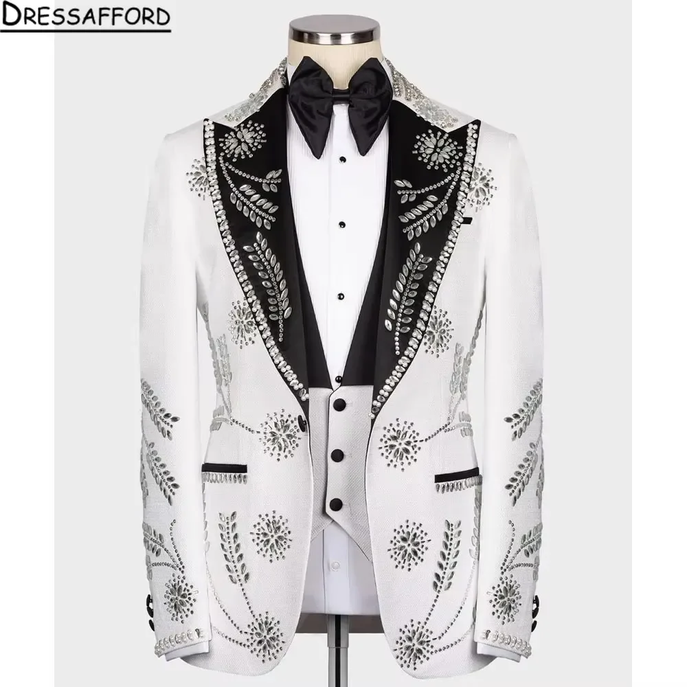 Trajes blancos para hombre para boda, chaqueta de 3 piezas, chaleco, pantalones, cuentas de cristal, diamante, esmoquin para novio, banquete Formal de negocios