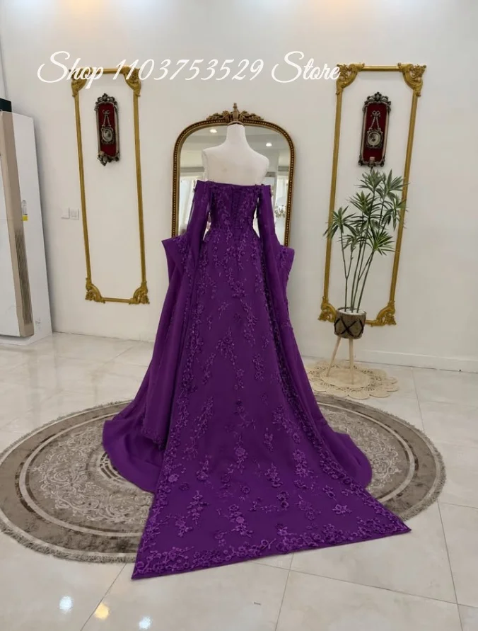 Customized Elegant Sophisticated Purple Off-Shoulder Wedding Dress Floral Long Shawl Arabic Bridal Gown Henna Night Engagement