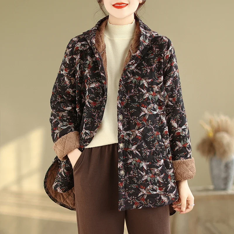 

Women's Ethnic Style Floral Hooded Long-sleeved Single Breasted Coat Loose Vintage Casual Keep Warm Wide-waisted Cotton Jacket