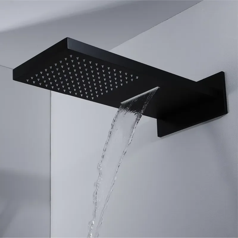 HIDEEP Brass Matte Black Wall Mounted Rain&Waterfall Shower Head Hot&Cold Water Bathroom Faucet Set view 4