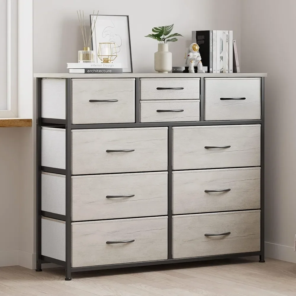 10-Drawer Dresser, Fabric Storage Dresser Drawers for Bedroom, Hallway, Nursery, Closets, Steel Frame, Wood Top