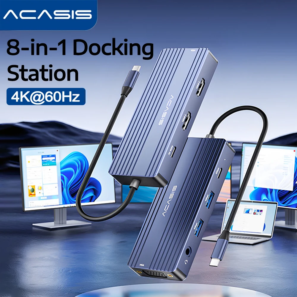 Acasis USB-C 8-In-1 Docking Station 5Gbps USB 3.0 4K 60Hz PD 100W Input 85W Output for Laptop Hub High-Speed Data Transfer