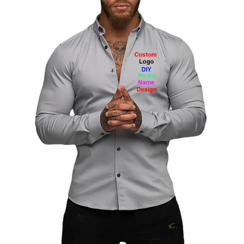 

Customized DIY Brand Logo Men's Slim Fit Casual Shirt Spring Autumn Turn Down Collar Business Dress Shirt