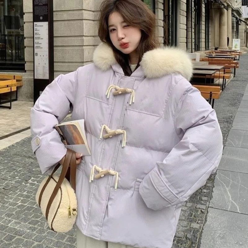Purple Horn Buttoned Fur Collar Hooded Down Cotton Jacket for Women Winter 2026 Fashionable Casual Loose and Thick Warm Jacket