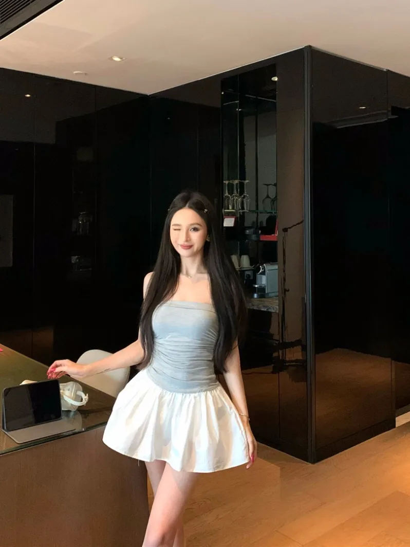 

Spicy Girl Color Block Tube Top Puffy Skirt Women's Spring Outfit Set White Long Sleeve Open Cardigan Two Piece Set