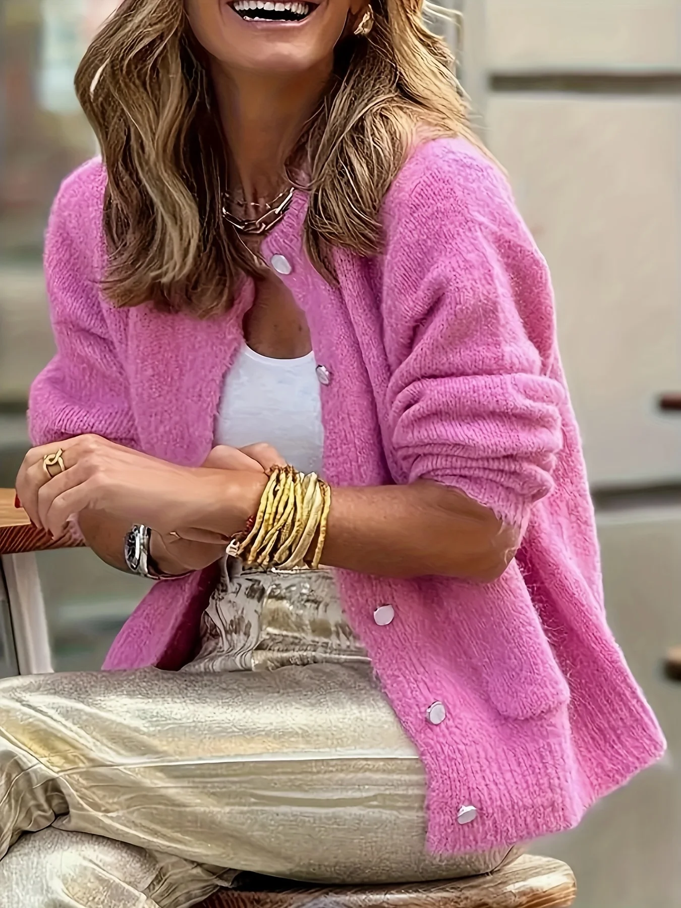 

Женский кардиган больших размеров, однотонный, вязаный, модный повседневный кардиган с круглым вырезом и декоративными пуговицами