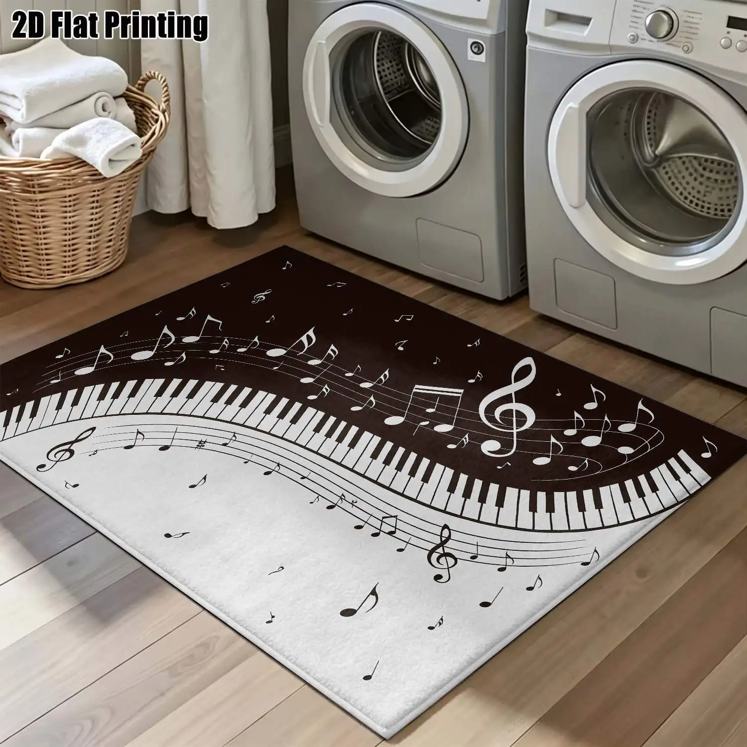 1Pc 2D Printed Black White Piano Note Pattern Carpet, Nordic Modern Minimalist European Geometric Instagram Style Floor Mat, Multi-Size Machine Washable Home Decor for Entrance Dining Foyer Study Living Room Bedroom