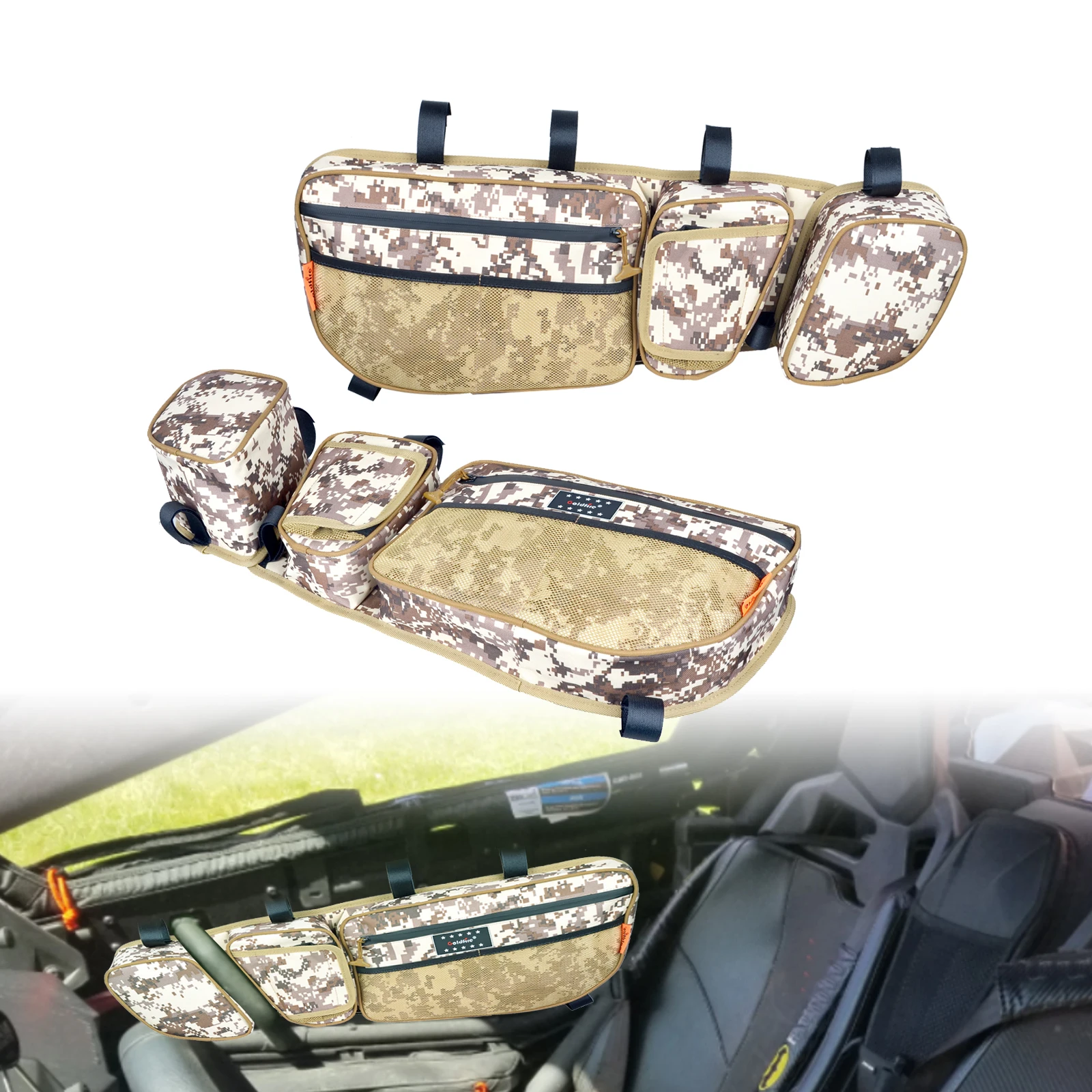 Camo Front Upper Door Storage Bags for Can-Am Maverick X3 XDS / Max / R / 4x4 Turbo R – UTV Organizer with Removable Knee Pad