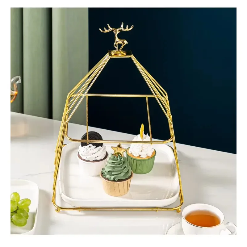 Luxury Gold Iron Bird Cage Display Stand 2/3 Tier Ceramic Cake Stand for Hotel Buffet Wedding Decoration