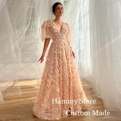 Princess Evening Dress Short Sleeves V Neck A Line Formal Gown 3d Flowers Sparkling Sequined Lace Prom Dresses Saudi Arabic