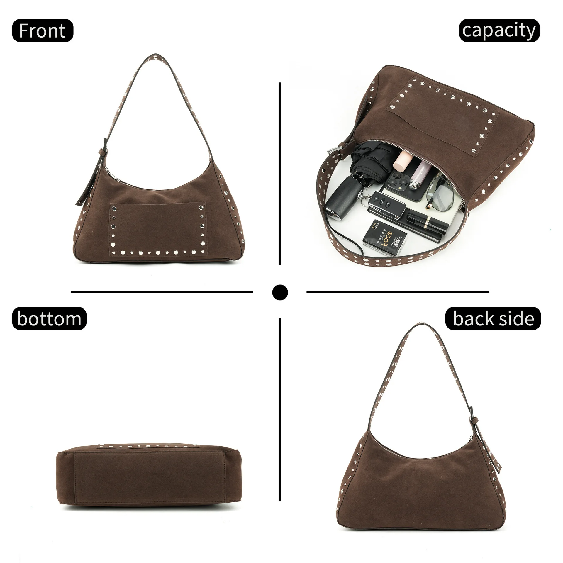 نصف القمر برشام الإبط حقائب للنساء الشرير رصع حمل حقيبة كتف فو الجلد المدبوغ المتسوق المحافظ مصمم حقائب اليد الإناث مخلب