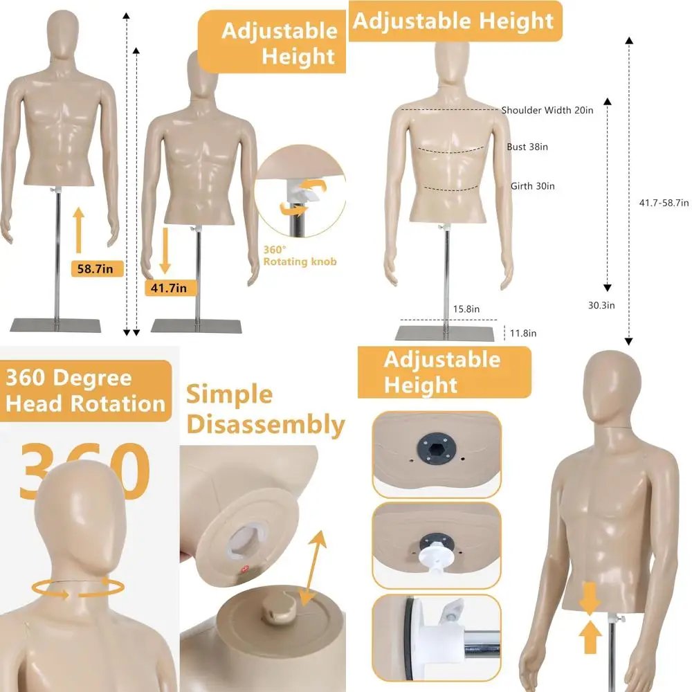 

Adjustable Height Half-Body Male Mannequin, 42-59 Inch, Metal Base for Clothing Display
