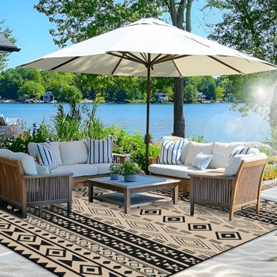 

Outdoor 8x10 ft waterproof patio rug for patio, RV, camping, balcony, beach, picnic, porch plastic straw reversible area mat in
