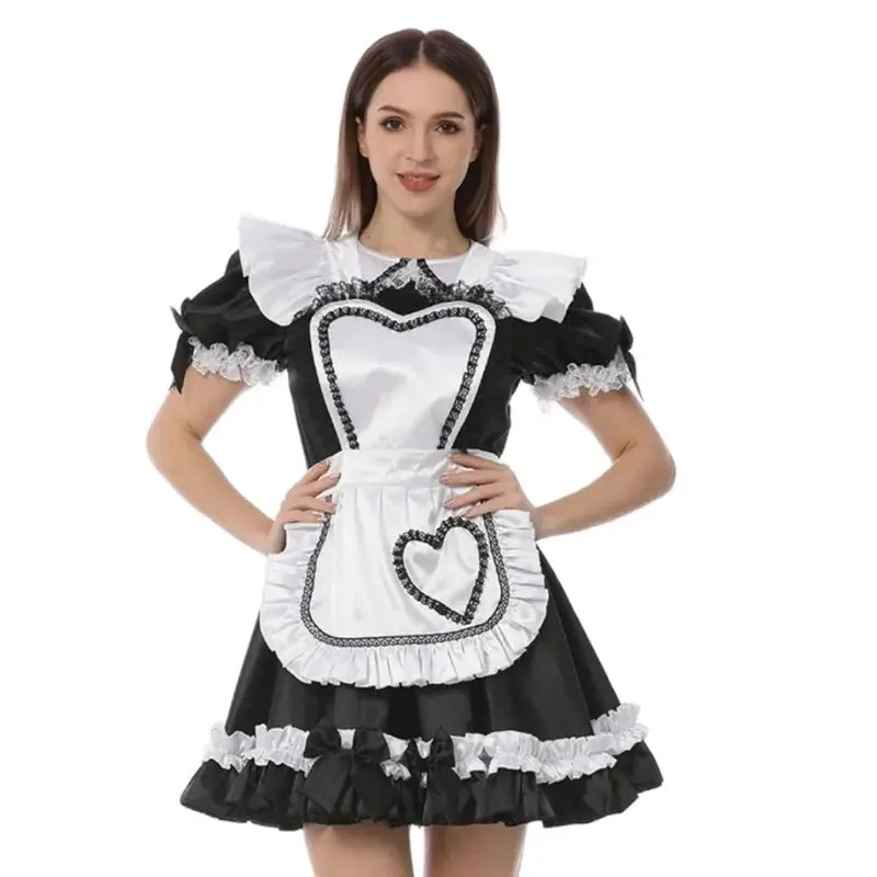 French Sexy Adult Custom Fetishist Cross Dressing Sissy Shoulder Fluffy Gothic Lace Cuffs Apron Heart-shaped Decorative Dress