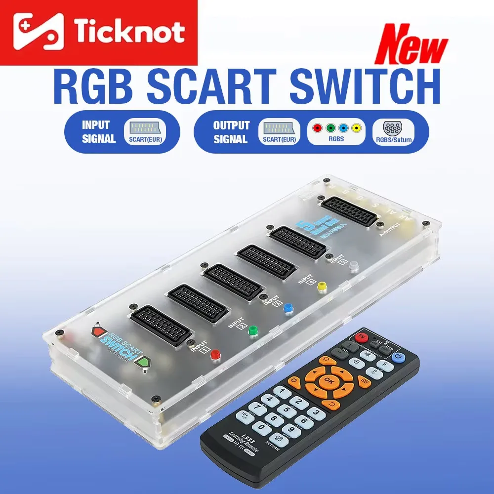 Conmutador Scart Retro 5 en 1, compatible con entrada Scart Euro/RGBS RCA/Saturn MiniDIN, convertidor de vídeo de salida para consolas de juegos Retro