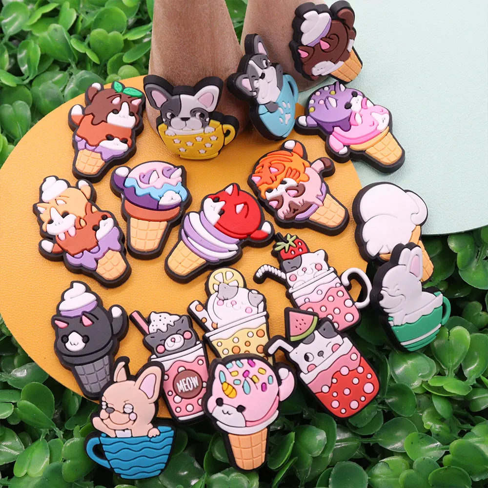 Mix 50pcs PVC Kawaii Cartoon Drinks Ice Cream Dog Strawberry Watermelon Lemon Shoe Charms Accessories Decorations Kid Party Gift