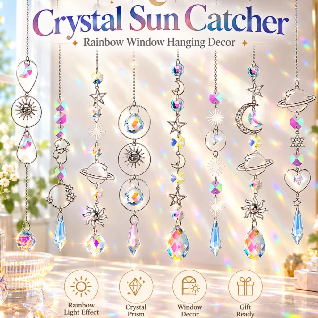 Rainbow Prism Hanging Crystal Sun Catcher with Star Moon Planet Charms for Window Home Decor Gift - Sparkling Light Catcher