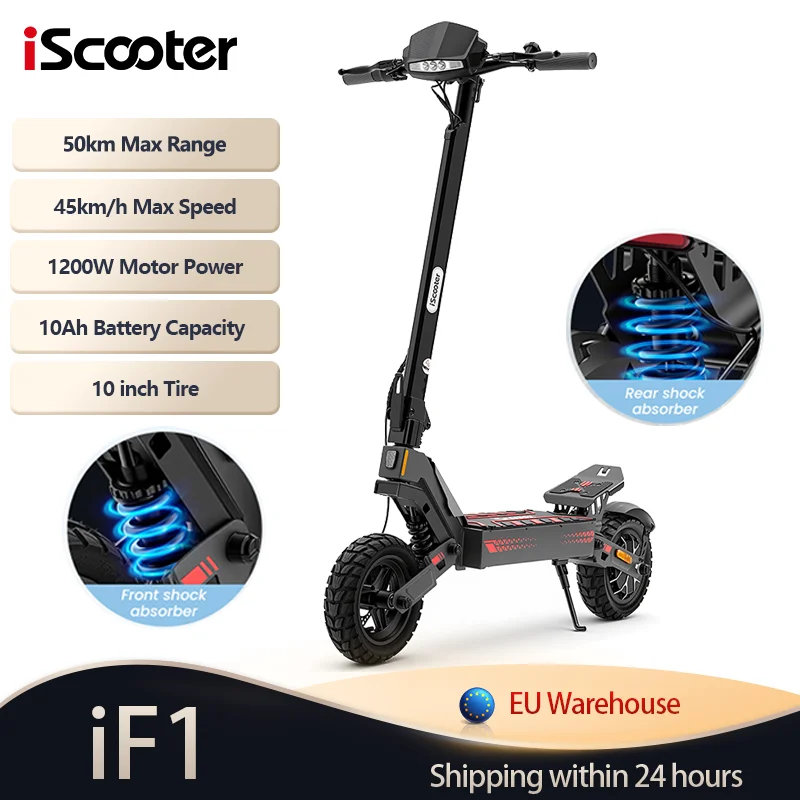 Trottinette électrique iScooter iF1 1200W, E-Scooter 48V 10Ah, Escooter 45KM haute vitesse avec application, trottinette 1200W, pneus sous vide de 10 pouces