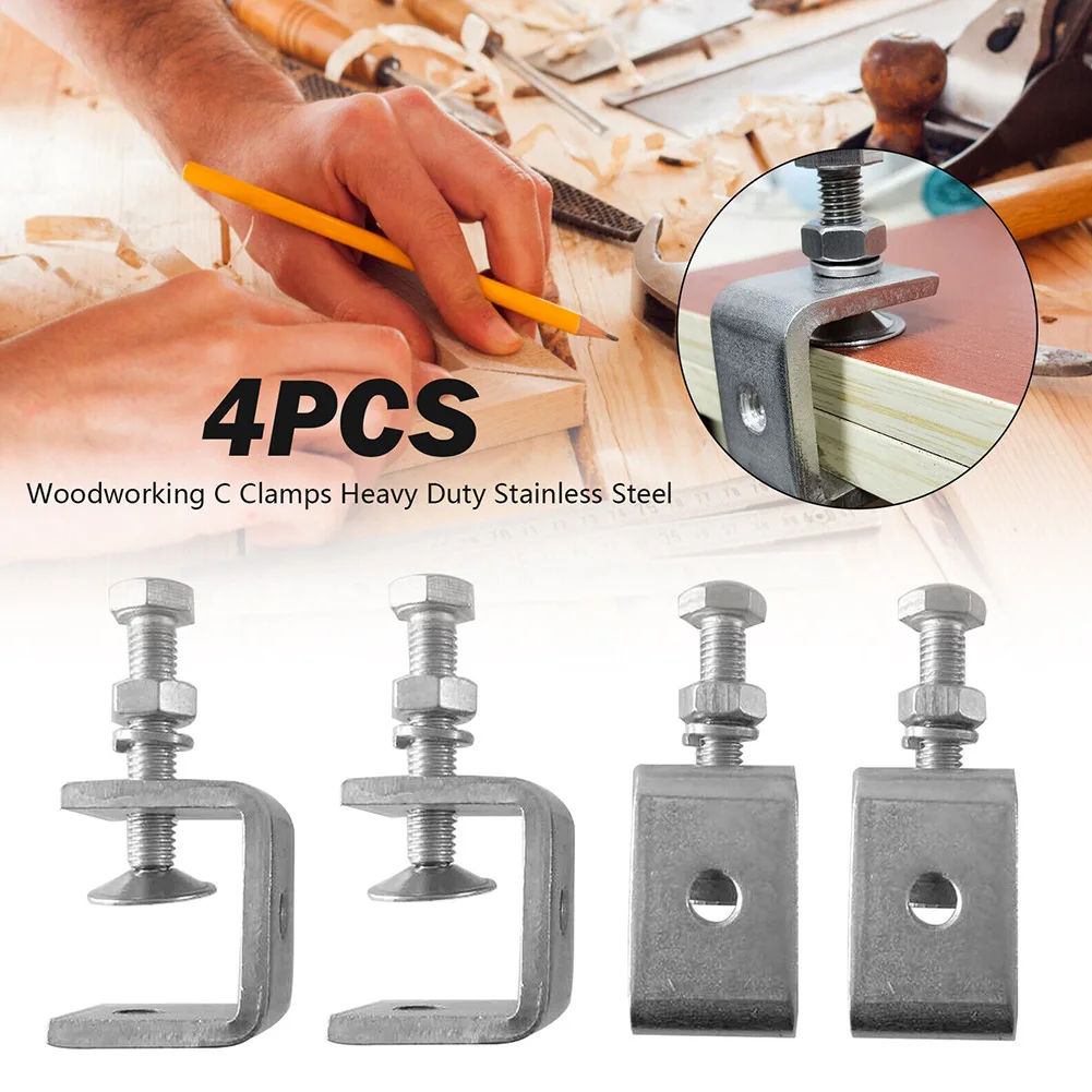 4X Stainless Steel C Clamps with M8 Threaded Hole for Secure For Mounting on Desks Workbenches and Welding Fixtures