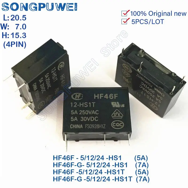 5PCS Relays 5V 12V 24VDC HF46F -5-HS1 HF46F-G-12-HS1 HF46F-G-24-HS1 4PIN HF46F-G 12 HS1 HF46F-G-12-HS1T HF46F-G-24-HS1T Original