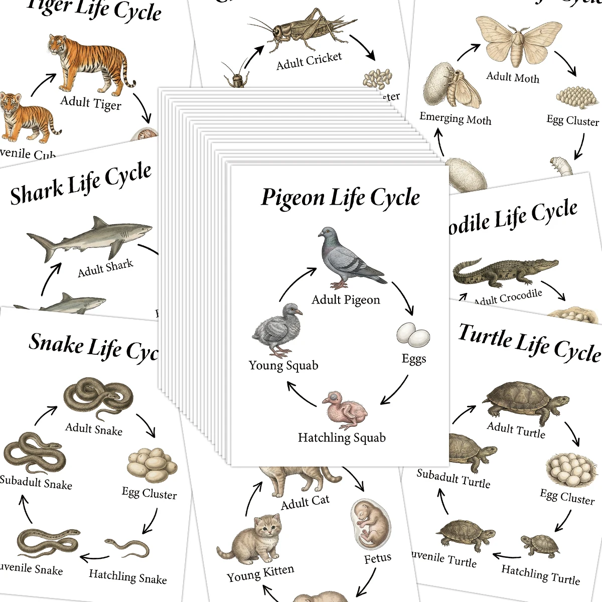30pcs Biological Animal Life Cycle Cards,Home Class Biology Teaching Aid Stationery Cards,Nature Exploration Activities Supplies