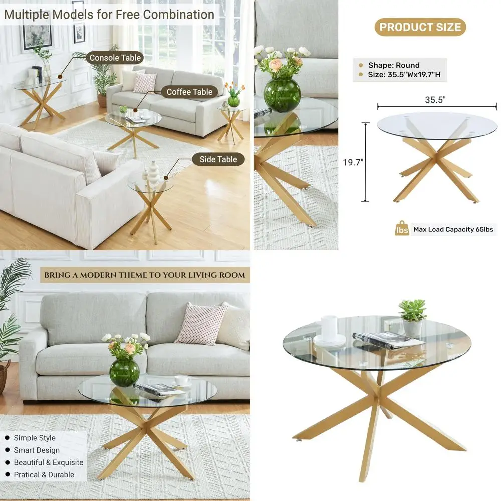 

Modern Tempered Glass Coffee Table, 35.5 Wide x 19.7 High, for Living Room & Home Office