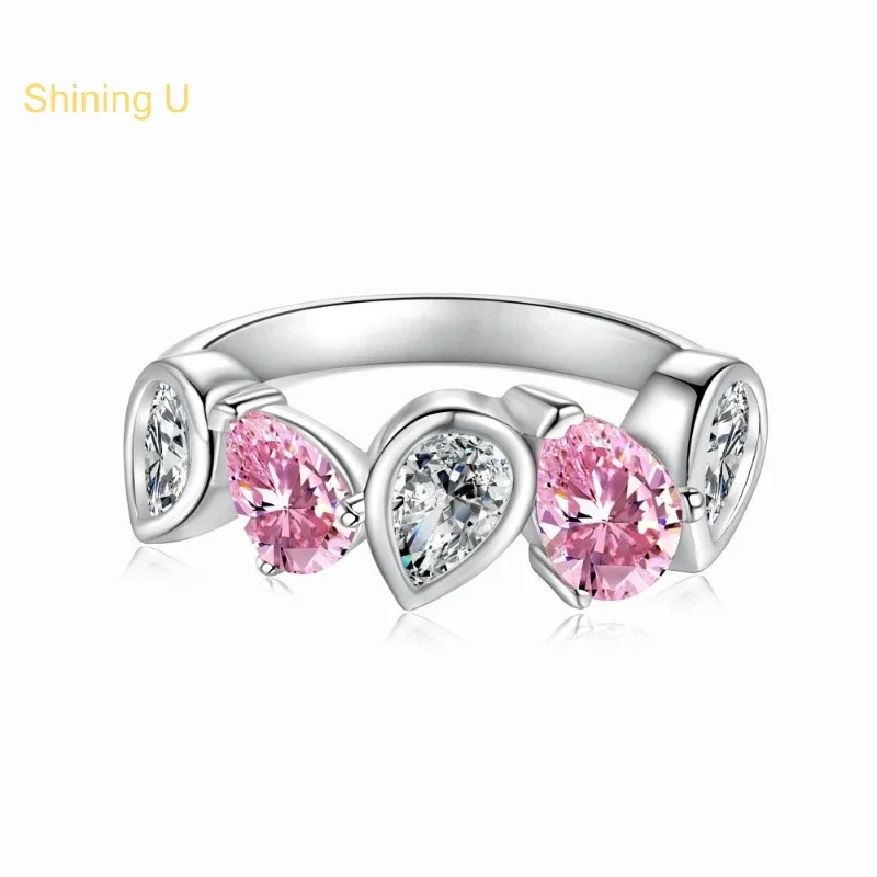 

Shining U S925 Silver Waterdrop Pink Gems Ring for Women Fine Jewelry Anniversary