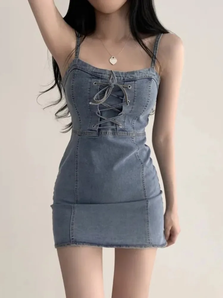 Retro Cross Strap Design Abnehmen Denim ter Dr frauen Chic Sommer Vintage Taille Cinched Dr Trendy Fem Kleidungsstück