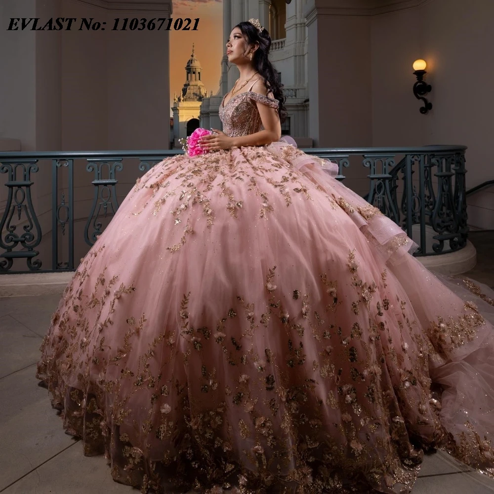 EVLAST ที่กําหนดเองสีชมพู Sequins Quinceanera Ball Gown ทองลูกไม้ Applique ประดับด้วยลูกปัดเม็กซิโกหวาน 16 Vestidos De 15 Anos SQ772