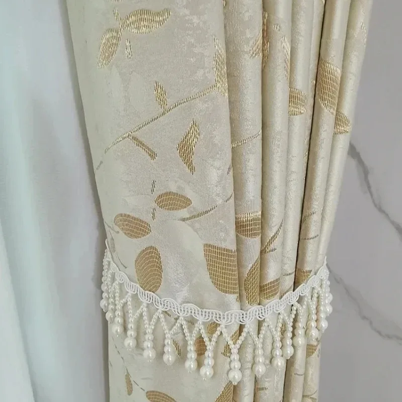 

Customized Curtains for Living Dining Luxury Bedroom High-end Blackout Gold Silk Jacquard Leaves Villa Room Chinese White Tulle.