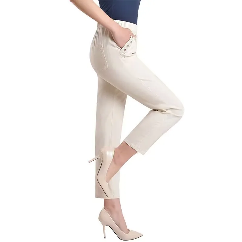 2024 Summer Women Pants Middle-aged Lady Elastic Waist Loose Casual Pants 4XL Pocket Thin Female Straight Trousers 2300 - view 6