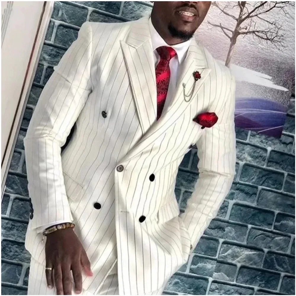 

Customized Suits for Men Stripe 2 Piece Jacket Pants Wedding Double Breasted Formal Full Set Peaked Lapel Groom Prom Costume