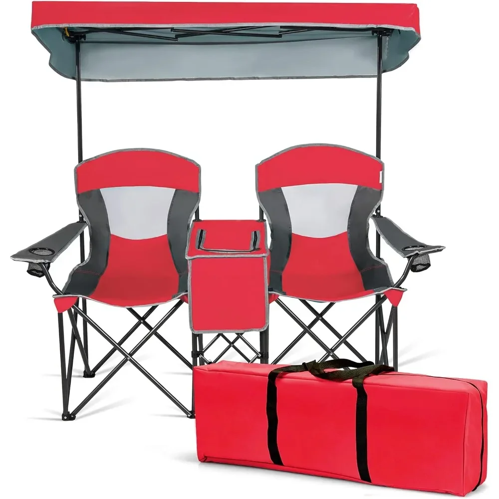 

2-Person Folding Chair with Mini Table Beverage Cup Holder Carrying Bag Portable Folding Chair Red Camping Chair